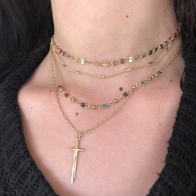 Γυναικεία κοσμήματα φο μπιζού κολιέ τετραπλής σειράς με φλουρια κρυστάλλους ξίφος faux bijoux χρυσό χρώμα