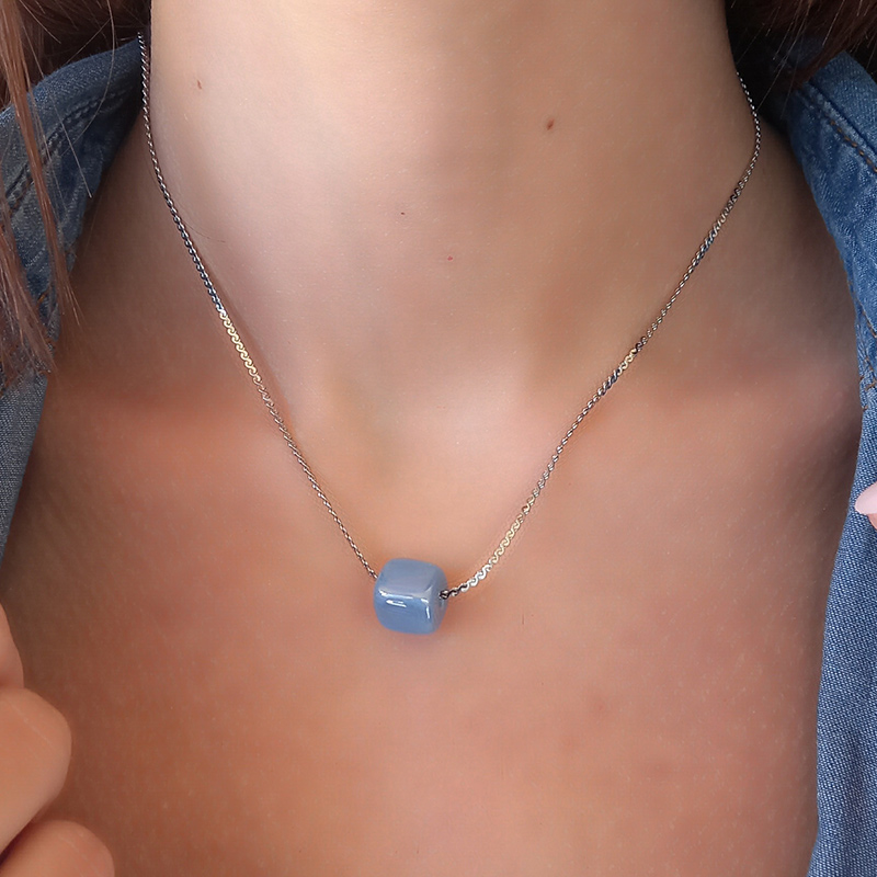 MELDA jewels kallirroi gr faux bijox κολιέ ατσάλινο επάργυρο με μπλε κεραμική χάντρα